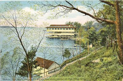 Jackson, Mich. Wolf Lake, glimpse of Lake, boat docks, pavilion, etc. from Hilltop Cottage