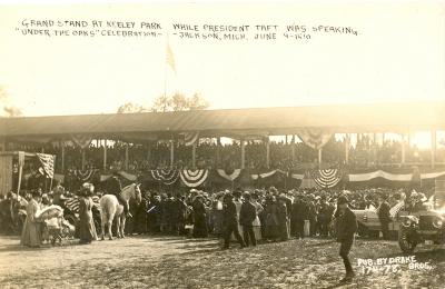 Grand Stand at Keeley Park while President Taft was speaking. "Under the Oaks" celebration - - Jackson, Mich. June 4 - 1910.