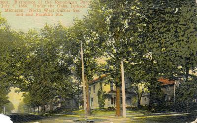 Birthplace of the Republican Party, July 6, 1854. Under the Oaks, Jackson, Michigan. N.W. Corner; Second & Franklin Sts.