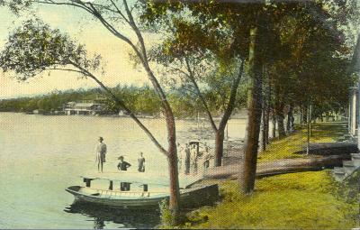 Lake with children on dock