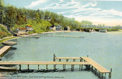 Jackson, Mich. Wolf Lake, boat and bathing houses, docks etc.